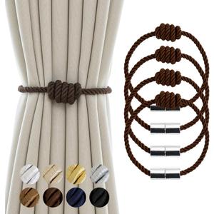 Magnetic Curtain Tiebacks - Decorative Tie Backs for Drapes & Curtains, 4 Pack Rope Holders, Coffee Finish