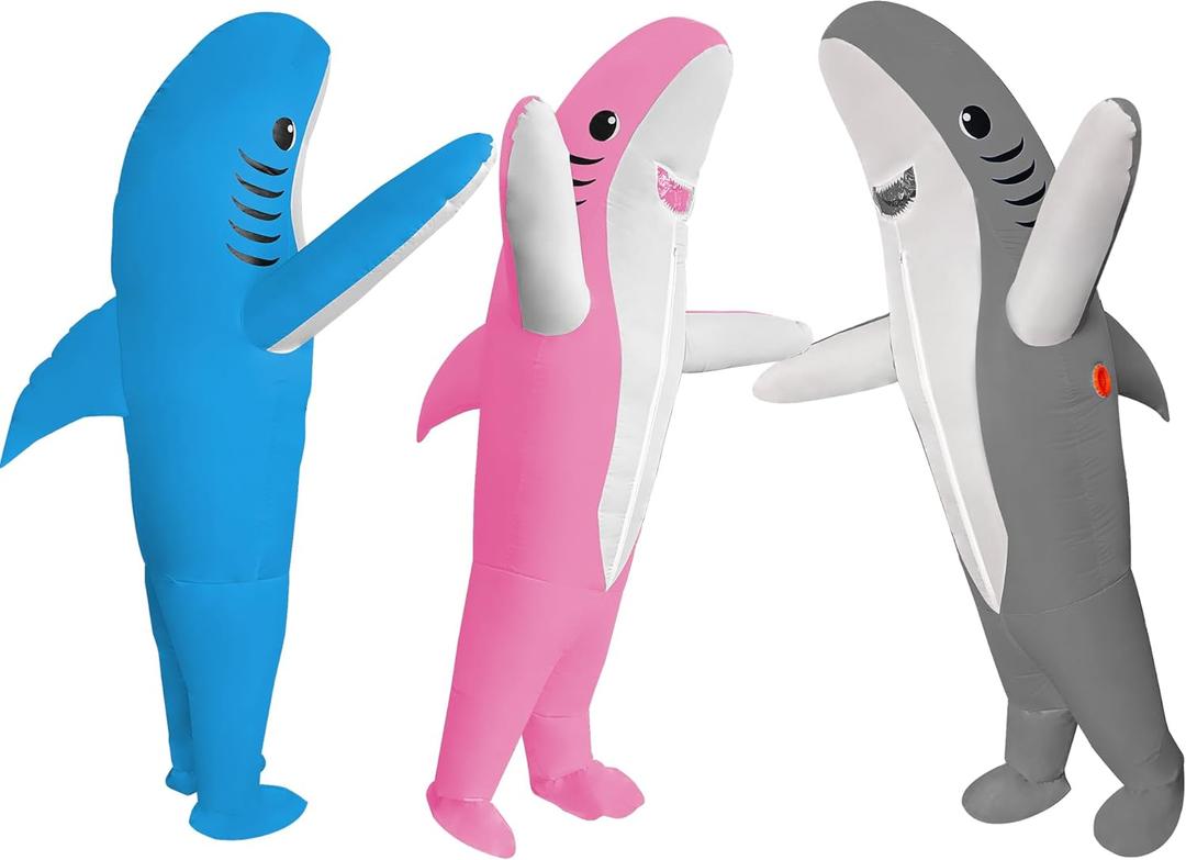 3 Packs Funny Inflatable Shark Costume Air Blow up Jumpsuit Fancy Dress for Adults Cosplay Party, Halloween, Christmas, Carnival, Blue, Pink, Gray
