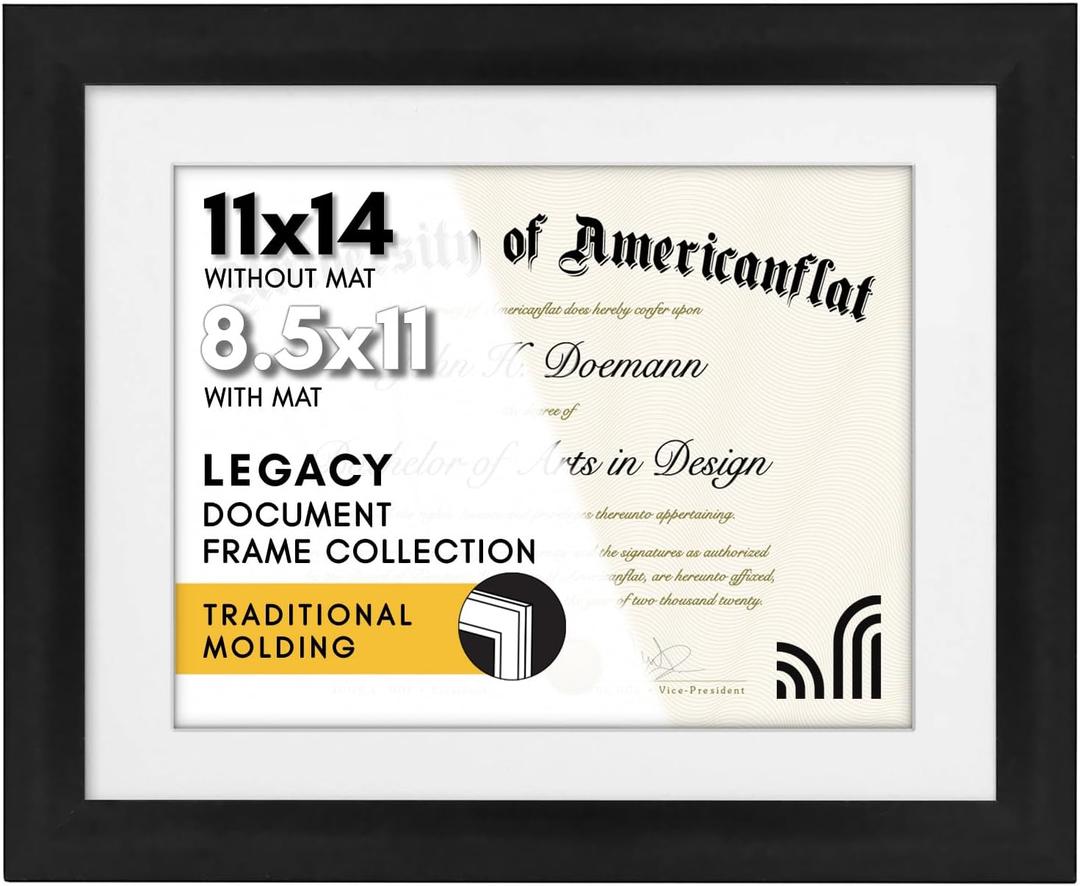 Americanflat 11x14 Diploma Frame with Shatter-Resistant Glass - Use as 8.5x11 Frame with Mat or Display 11x14 Documents Without Mat - Legacy Collection - Certificate Frames for Wall Display - Black