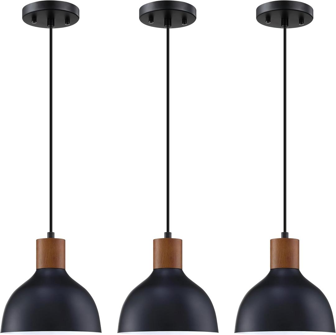 3 Pack 1 Light 8 Vintage Pendant Light Fixtures,Industrial Metal Hanging Light Rubber Wood Black Finish Pendant Lamp for Kitchen Island,Farmhouse Dining Room Over Sink