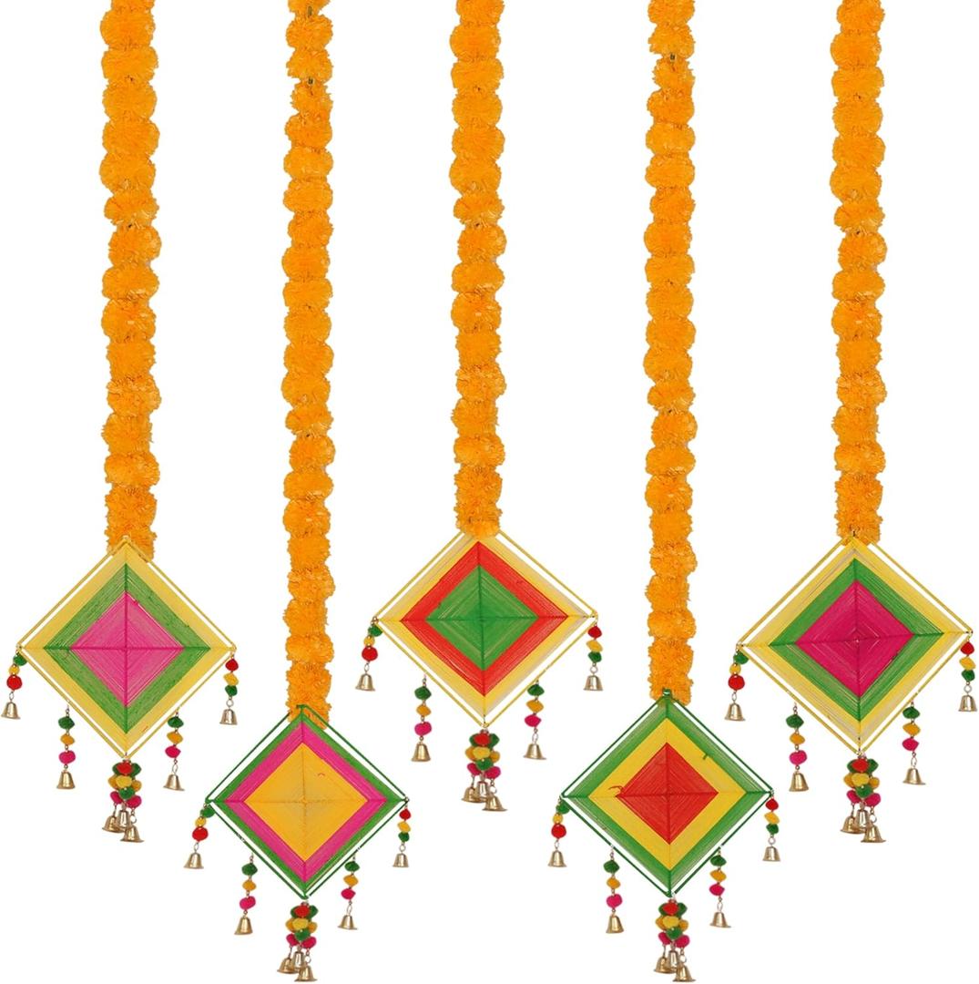 Marubhumi Artificial Marigold Flower Strands Garland for Diwali Decor,5 Feet Long Strands, Garland for Decoration, Diwali Decorations for Home, Christmas Decor Wedding Decor, Mango - 5 PCS