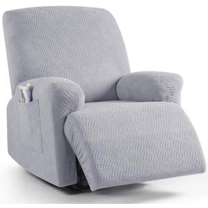 KinCam Recliner Covers, Stretch Reclining Chair Covers, Recliner Sofa Slipcovers Stripe Jacquard Recliner Couch Covers Furniture Protector Covers for Pet Kid (1 Seater, Silver Gray)
