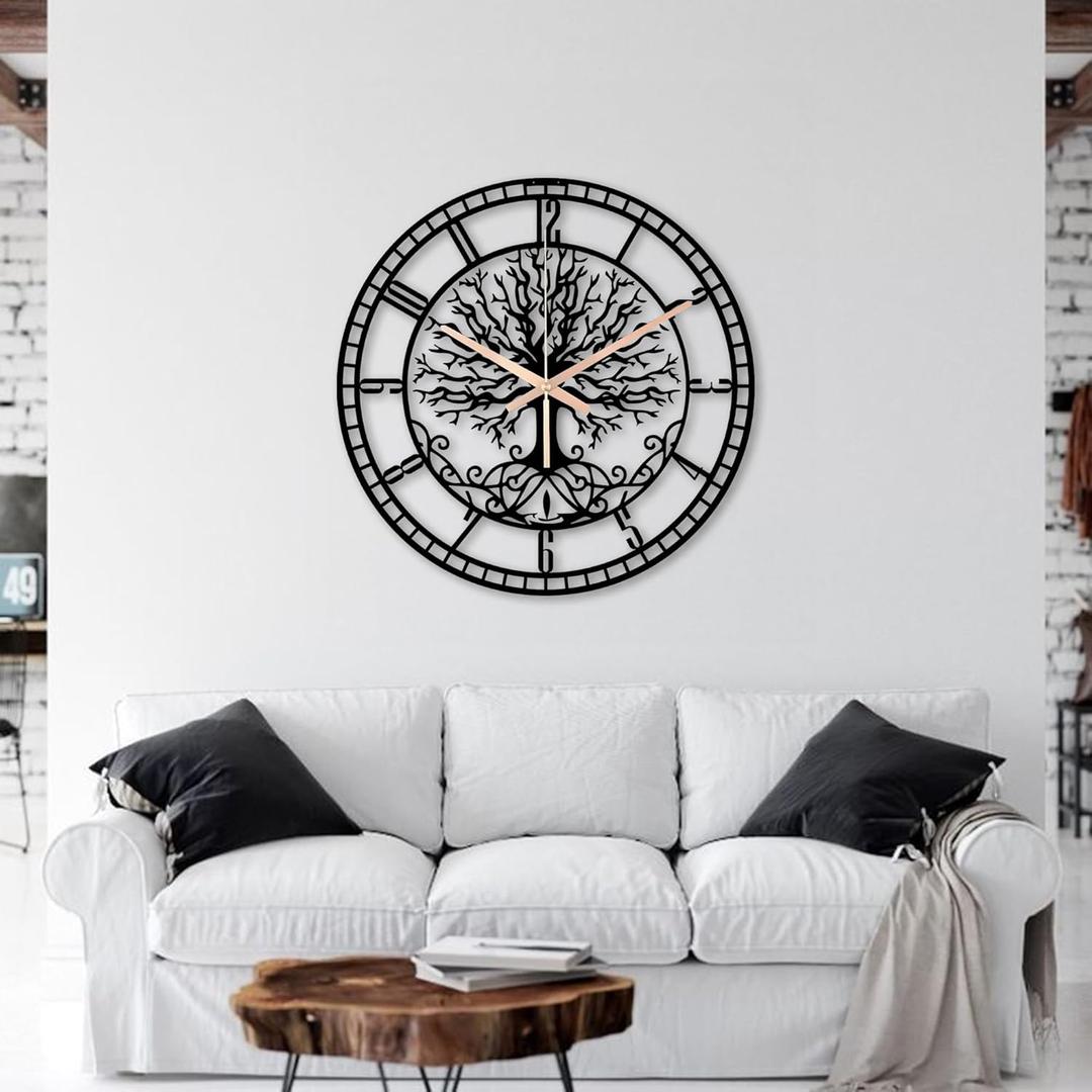 Tree of Life Round Metal Large Wall Clock Silent Non-Ticking Decorative Clocks Battery Operated Quartz Quiet Clocks for Home (Black, 23.6" inch (60 cm))