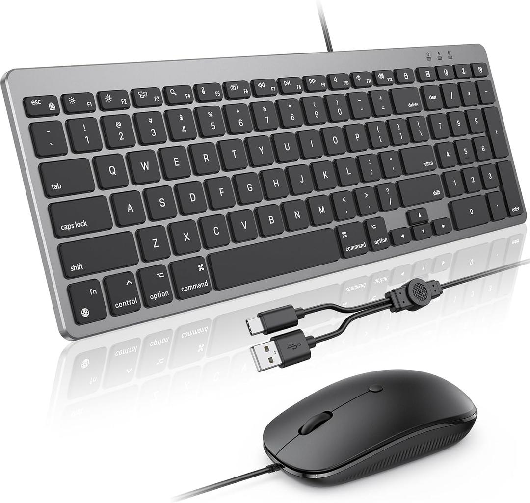 Wired Keyboard and Mouse for Mac, USB-A & USB-C Keyboard for Mac with Number Pad, Dual Interface Plug and Play, OMOTON Mouse with USB A Interface Compatible for MacBook Pro/Air, iMac, Space Grey