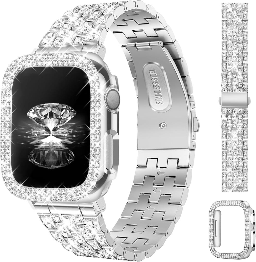 JR.DM Diamond Bands with Bling Case Women Compatible with Apple Watch  44mm Luxury Metal Bracelet Replacement Strap for iWatch Series Ultra/SE/10/9/8/7/6/5/4/3/2/1