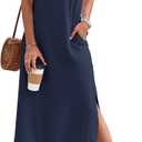 MISFAY Women's Summer Casual Maxi Dress 2025 Short Sleeves V Neck Loose Sundress Split Long Beach T Shirt Dress Vacation Outfits(Navy,2XL) (Blue, XXL)