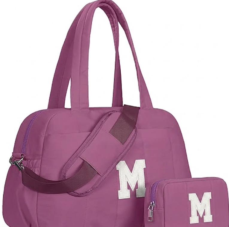 Duffle Bag with Initial, Spend The Night Bags for Women，Overnight Bag with Wet Pocket，Sister Gift, Gifts for Women-Lightweight Travel Bag Personalized Gym Tote with Makeup Pouch, Grapepurple