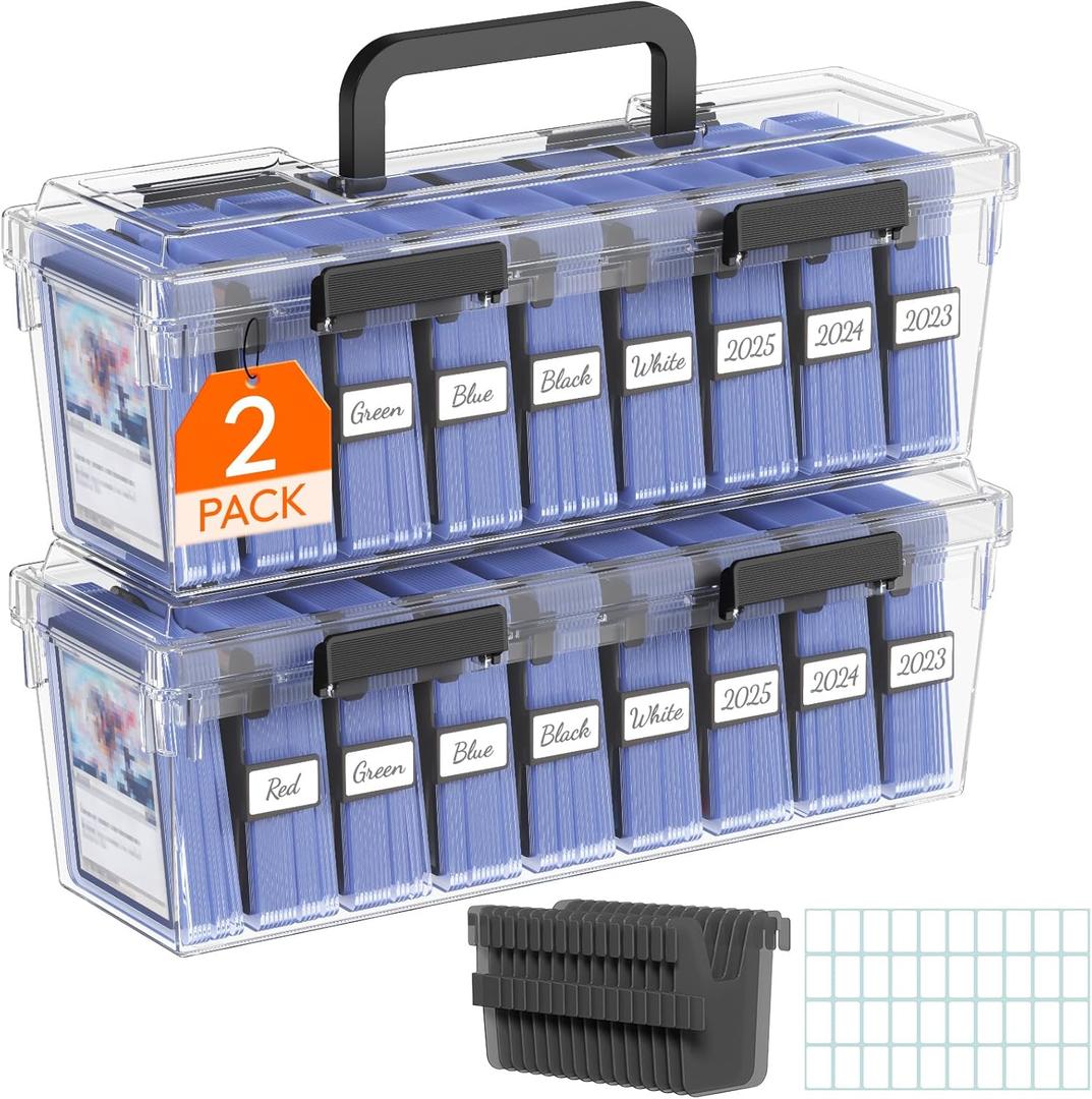 Lifewit Trading Card Storage, Index Card Holder, Reinforced Latch Box with 8 Adjustable Dividers, Writable Labels, Stackable Case Fit for MTG Sports Cards up to 900 Unsleeve(180 with Toploader), 2 PCS