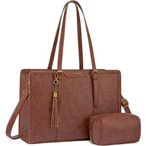 LOVEVOOK Laptop Bag for Women Vintage Leather Laptop Tote 17.3 inch Large Capacity Computer bag with Clutch Purse for Work (Brown)