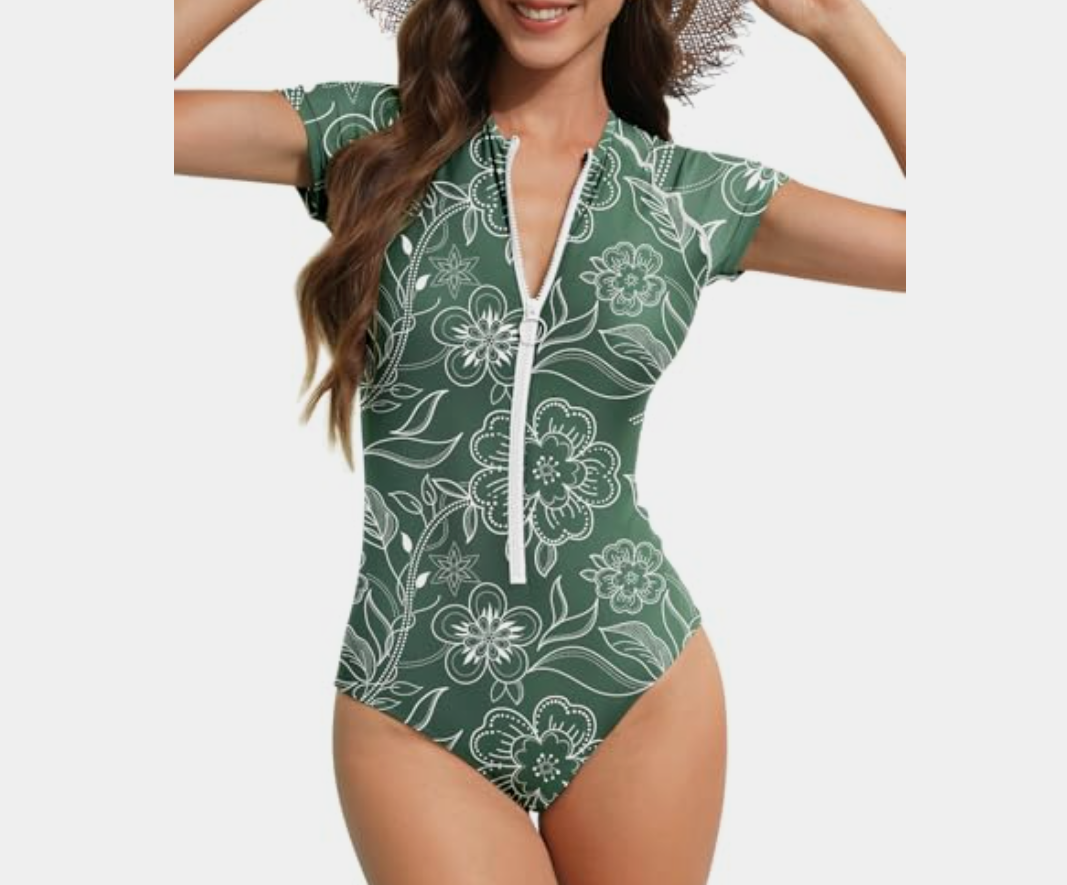 Century Star One Piece Swimsuit Women 2025 Teen Girls Modest Rash Guard High Neck Surfing Short Sleeve Swimwear Bathing Suit, Size M