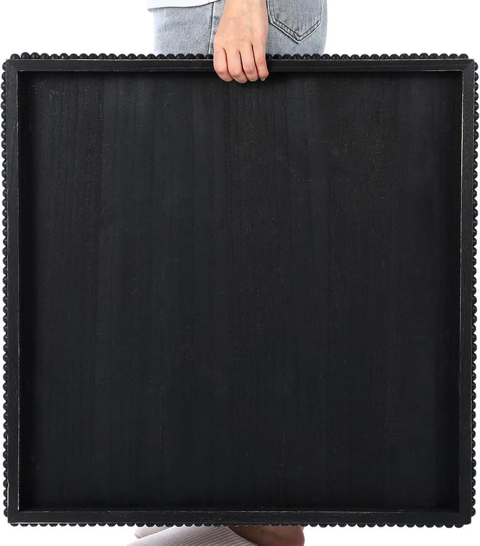 Nuogo Extra Large Square Ottoman Table Tray with Wooden Bead 24 x 24 Inch Washed Wooden Serving Tray Multifunction Decorative Square Ottoman for Coffee Table Platter Room Kitchen Counter (Black)