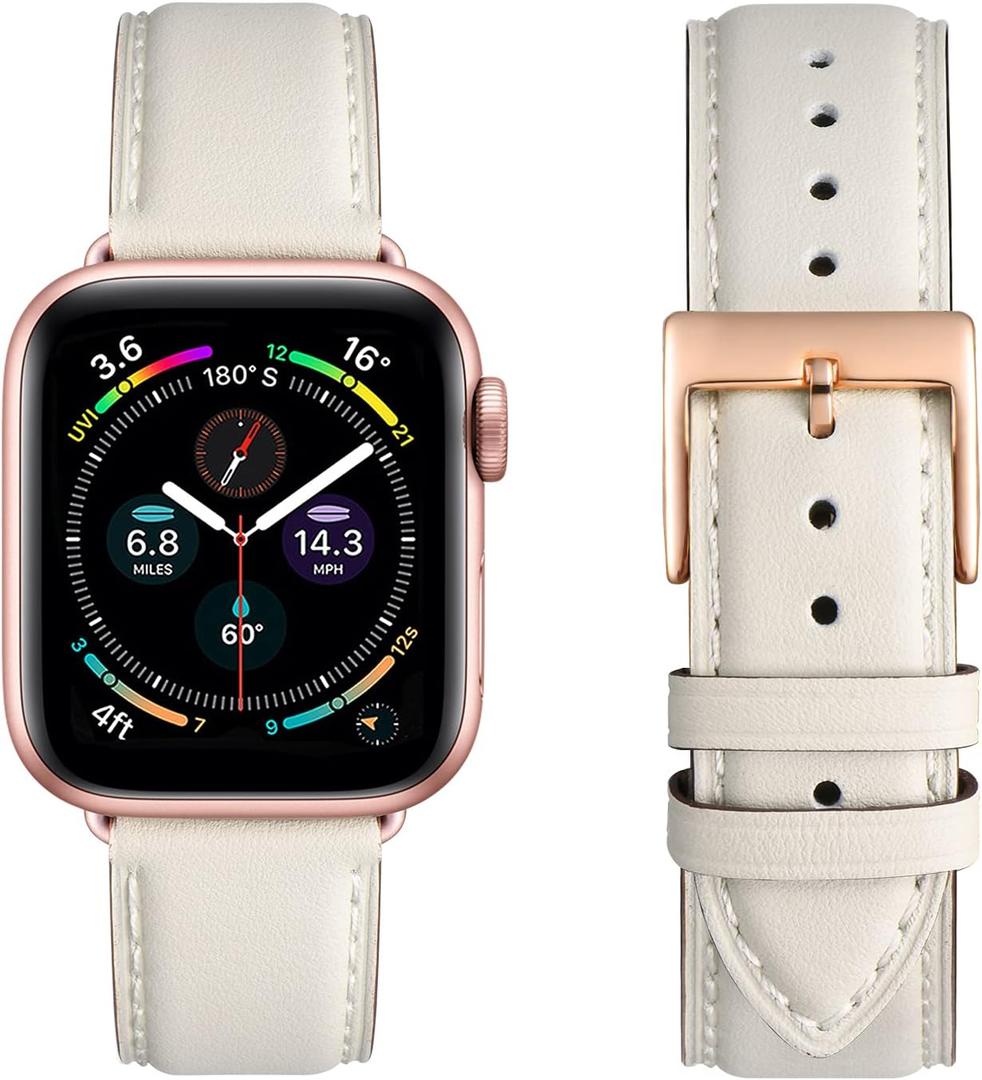 Leather Bands Compatible with Apple Watch Band 38mm 40mm 41mm 42mm 44mm 45mm 46mm 49mm, Genuine Leather Wristband Starp for iWatch SE Series 11 10 9 8 7 6 5 4 3 2 1 Ultra for Women Men (Ivory White/Rose Gold)