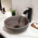 14 Inch Round Ceramic Vessel Sink with Black Waterfall Faucet & Pop-Up Drain, Above Counter Bathroom Vanity Basin, 6 Inch Deep Retro Porcelain in Matte Black-Brown, 14x14x6 inches
