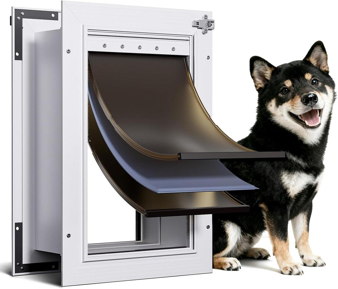 3-Flap Dog Door Wall Mount, Medium All Aluminum Alloy Doggy Doggie Door, Pet Door for Dogs with 2 Locks, Insulation Layer, 2 Magnetic Flaps, Closing Panel, Pets Up to 45 LB