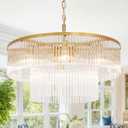 DEARLAN Round Crystal Chandelier Modern Brushed Brass Glass Raindrop Chandeliers for Dining Room 8 Lights Hanging Pendant Ceiling Lamp for Entryway Foyer Lighting Fixture D23.6