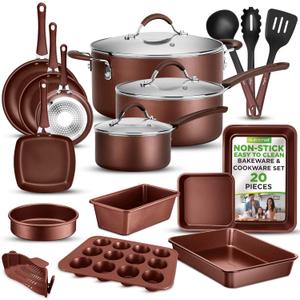 NutriChef 15 Piece Professional Home Kitchen Cookware and Bakeware, Pots and Pans Set Non Stick Kitchenware, Cool-Touch Handles, Safe for Gas, Electric, Induction Cooktops, Easy Clean, Brown