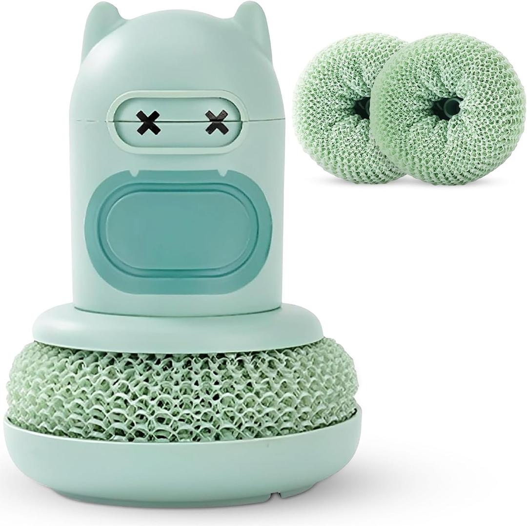 Dish Scrubber with Soap Dispenser, 2 Replaceable Sponges Included, Refillable Push-Button Handheld Sponge Scrubber, Palm Grip Kitchen Sink Cleaner for Dishes, Pots, Pans & Nonstick