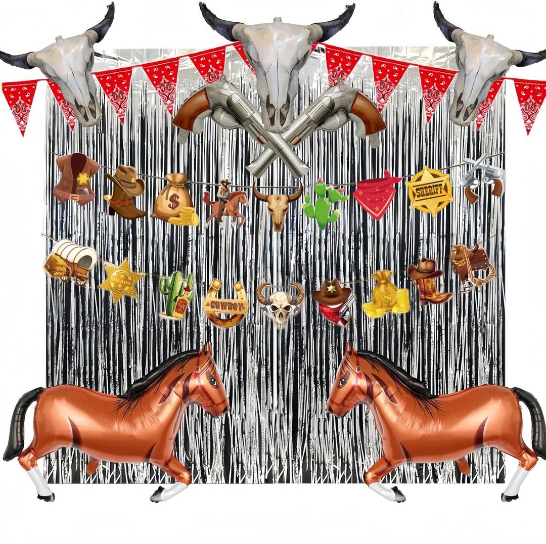 Cowboy Party Decorations Set - 12pcs Western Theme Supplies with Silver Fringe Backdrop, Horse, Revolver & Bull Skull Balloons, Bandana Banner for Birthday