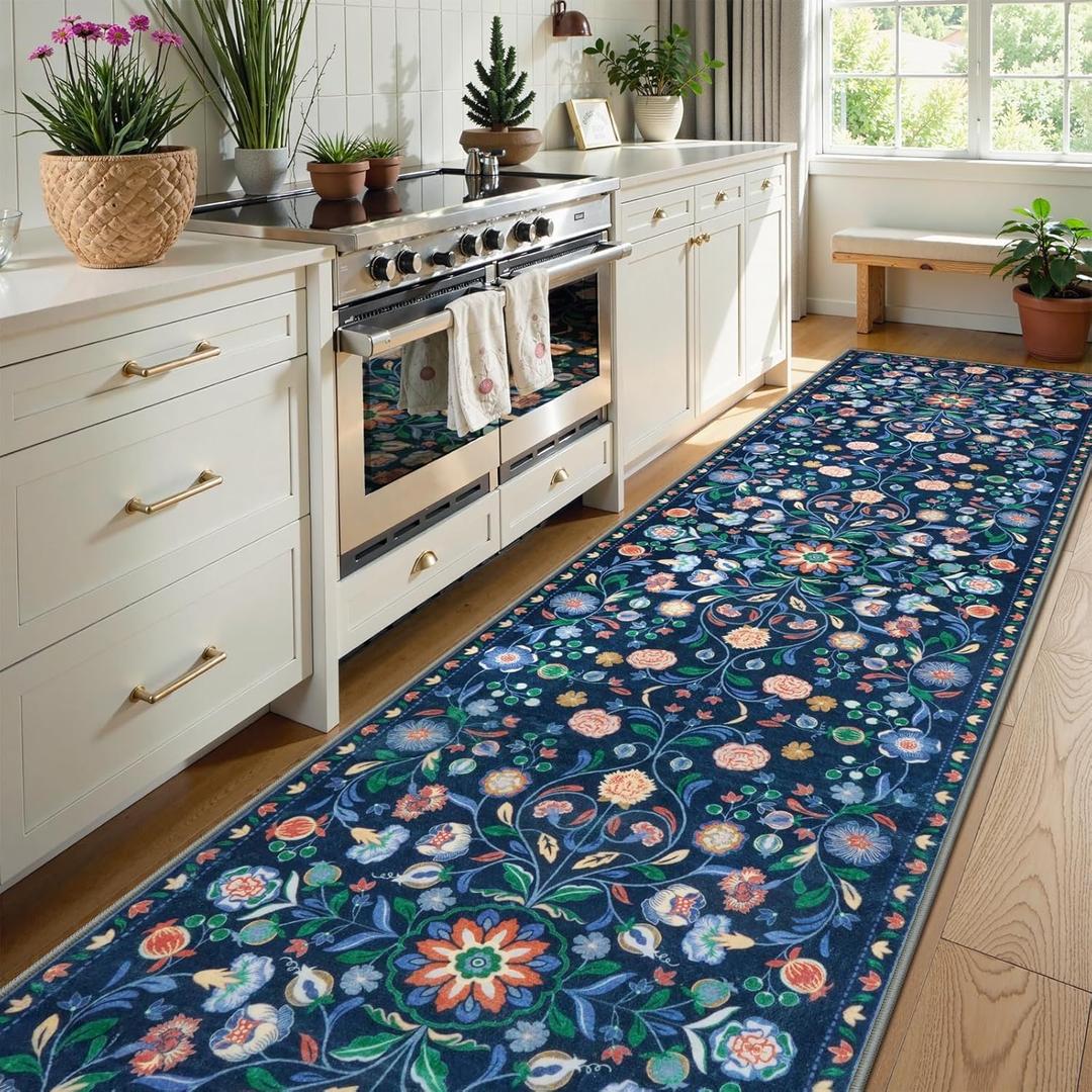 OJIA Runner Rug Washable Kitchen Runner 2'6"x10' Boho Non-Slip Runner Rug for Entryway Indoor Floral Soft Carpet Runner for Hallways, Kitchen, Laundry, Bedroom, Bathroom, Blue