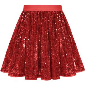 GRACE KARIN Girls Sequin Skirt Elastic Waist Sparkle Pleated Skirt for Party  (7 Years, Red)