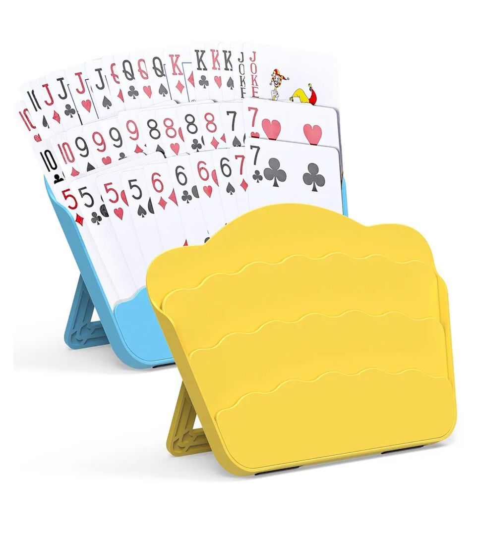 RESOVO Playing Cards Holders Stands Decks w/Foldable Tabletop Stand, 3 Layers Design for Poker UNO Cards, Playing Card Accessories, Set of 2 (Blue + Yellow)