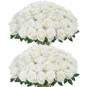 InnoGear 50 Pcs White Roses Artificial Flowers, Fake Velvet Silk Rose Bulk Faux Flower for Decoration DIY Wedding Centerpieces Proposal Bridal Bouquets Shower Party Home Floral Decor (50, White)