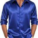 Hi-Tie Mens Satin Dress Shirt Long Sleeve Button Up Casual Luxrury Silk Shiny Prom Party Shirt (Blue, XL)