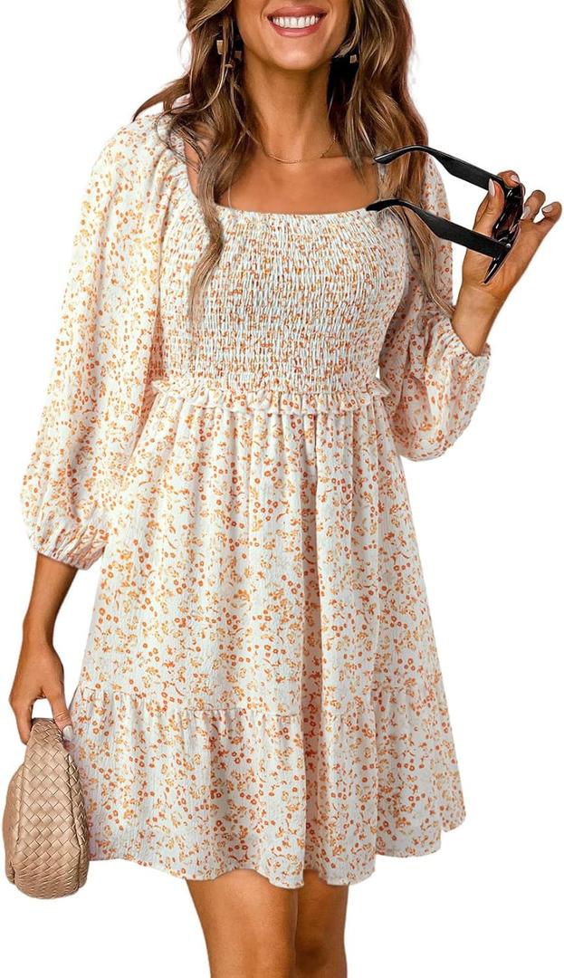Dokotoo Summer Dresses for Women 2025 Boho Floral Square Neck Smocked 3/4 Sleeve Casual A-Line Swing Mini Dress Sundress (Medium, Beige)