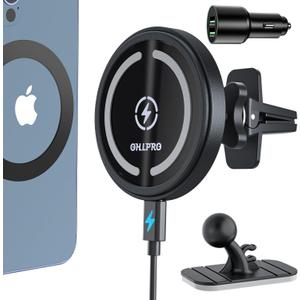 OHLPRO MagSafe Car Mount Charger, 15W QC 3.0 Fast Charging for iPhone 16 ProMax, Pro, Plus, 15, 14, 13, 12 Series, Stick on Car Dashboard & Air Vent Phone Holder (Black)