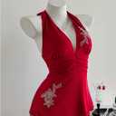 MakeMeChic Women's Summer Y2K Rhinestone Floral Halter Top Flared Hem Tie Back Peplum Tops (L)