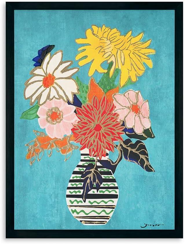 Yidepot Teal Gold Flowers Wall Decor - Vase Flower Boho Blue Floral Art Prints Fake Black Frame Colorful Art Work for Bedroom Walls 12"x15"-black wood frame