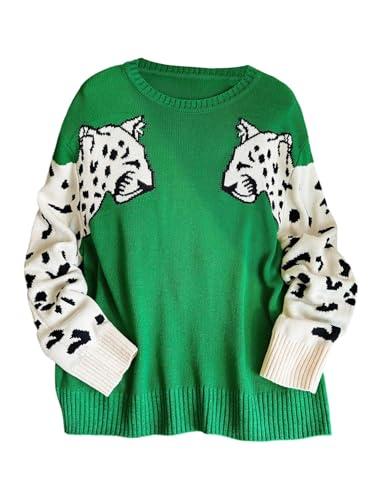 WDIRARA Women's Plus Size Leopard Tiger Print Sweater Crew Neck Long Sleeve Fuzzy Knitted Pullover Top Green Large Plus