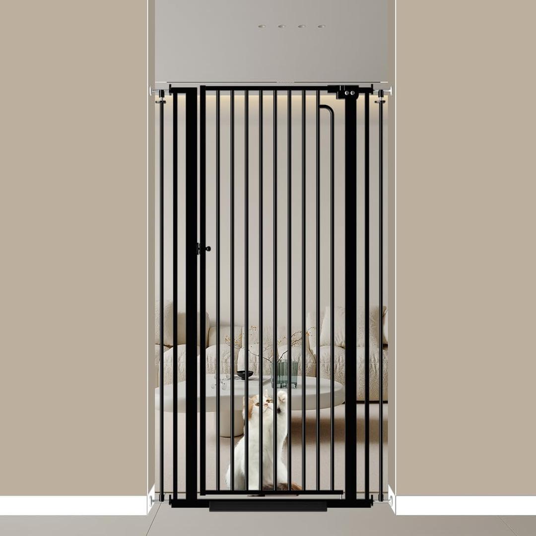 Mornyray 57"" Extra Tall Cat Gate for Pets 29.14'' - 33.86'' Wide Pet Gate Indoor, Dog Gate for Doorways Stairs, Walk Through Child Safety Baby Gate with Cat Door (Black)