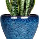 8 Inch Ceramic Plant Pot, Ceramic Planter Pot for Indoor Outdoor Plants, Round Flower Pot with Drainage Hole and Saucer, Blue