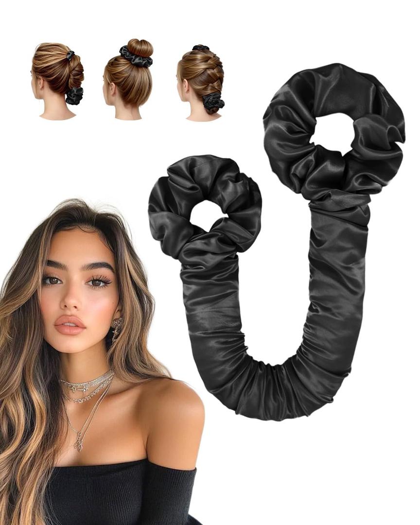 BONNET QUEEN Satin Heatless Hair Curler, Overnight Curls for Long Hair, Ultra Soft Daily Use of Hair Accessories & 2 Scrunchies, Damage-Free Styling, Soft Hair Curlers for Overnight, Light Black