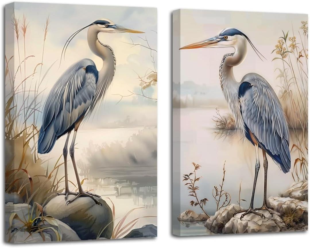 LZIMU Heron Wall Art 2 Pieces Crane with Reed Canvas Prints Coastal Bird Pictures Heron on Beach Painting Ocean Seaside Artwork Bathroom Decor Framed (Blue, 16x24inchx2 Pieces)