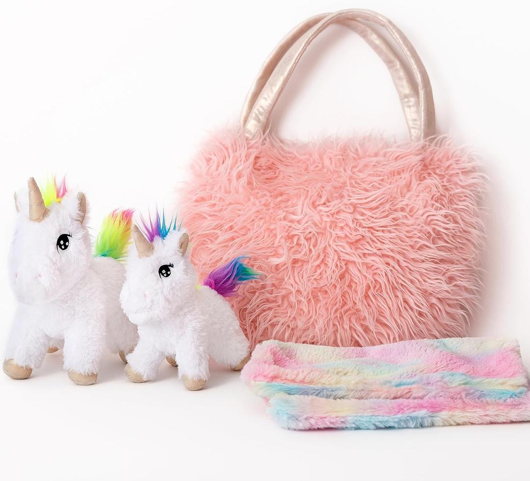Perfectto Design Unicorn Toy for Girls Age 3-10; 4 PCS Set - Mommy and Baby Stuffed Animals, Bag and a Doll Blanket. Unicorn Gift for 3-8 Year Old Birthdays and Christmas