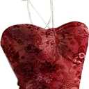 Women's Floral Print Halter Top Sweetheart Neck Ruched Tie Back Slim Fit Crop Tops (Red, S)