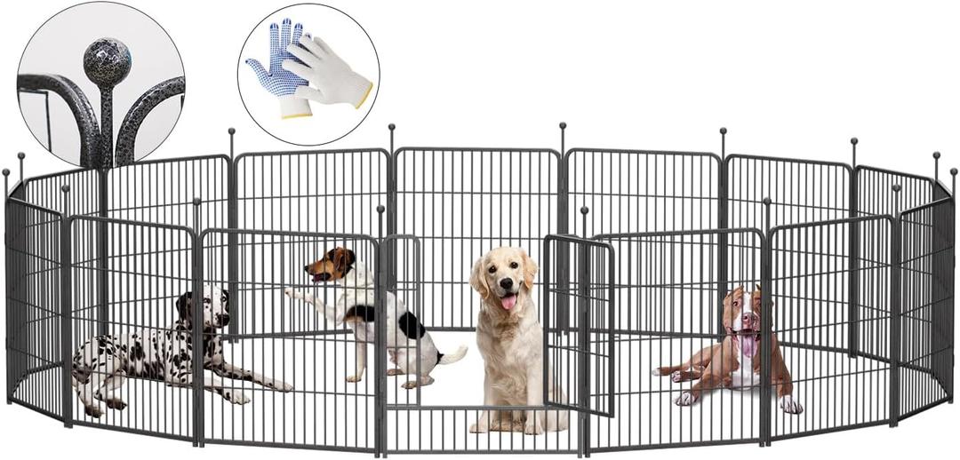 Dog Playpen,32 Inch Height in Heavy Duty, Folding Indoor Outdoor Anti-Rust Dog Exercise Fence, Portable Pet Playpen with Door for Large Medium Small Dogs and Pet (16 Panels, 32 Inch) Silver