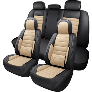 MINGBRON Car Seat Covers Full Set, Brown Car Seat Cover Lumbar Support, Car Seat Protector Waterproof, Nappa Leather Car Seat Cushion, Front Seats and Back Fit for Most Cars Beige