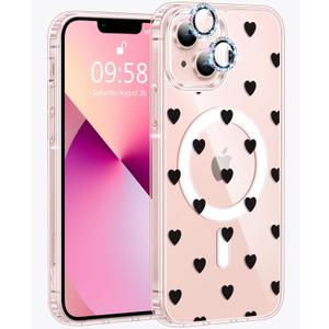 for iPhone 13 Case Compatible with MagSafe, [Diamond Bling Camera Lens Protector], Crystal Clear Aesthetic Pattern Wireless Magnetic Protective Phone Cover for Women Girls - Polka Hearts