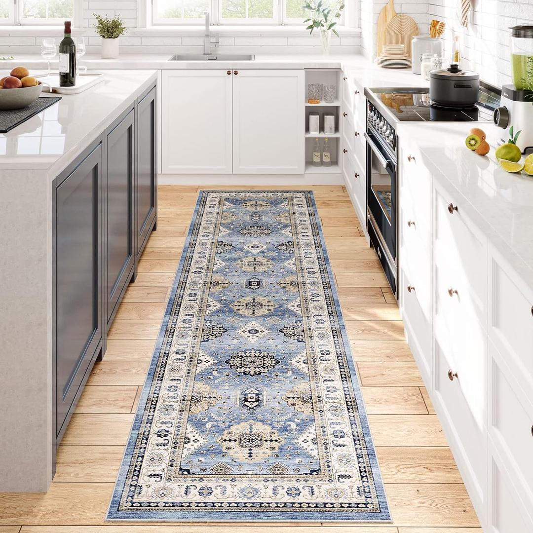 Dripex Vintage Runner Rug-2x8 Washable Distressed Hallway Runner Oriental Medallion Carpet Non-Slip Stain-Resistant Kitchen Mat Foldable Thin Accent Rug for Entrance Living Room Bedroom (Blue/Gold)