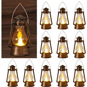 12Pcs LED Mini Vintage Lanterns Decor Indoor Decorative Outdoor Hanging Lantern Decorative Small Candle Lanterns Farmhouse Decor for Wedding Centerpiece,Halloween,Christmas,Farmhouse Decorative (Gold)