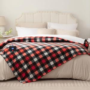 Westinghouse Throw Size Electric Blanket, Soft Flannel to Sherpa Heated Blanket with 10 Heating Levels & 1 to 12 Hours Heating Time Settings, Fast Heating Blanket, Red Plaid, Throw 50"x60"