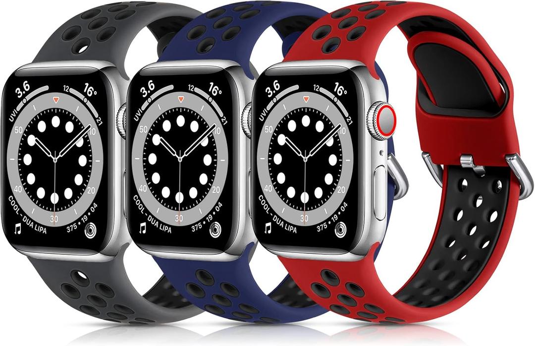 Lerobo 3 Pack Compatible with Apple Watch Series 9 Band 41mm 38mm SE 40mm Series 11 10 42mm,Soft Silicone Strap Breathable Sport Bands for iWatch Series 10 8 7 6 5 4 3 2 1 Men Women (Midnight BlueBlack/Anthracite Black/Red Black)
