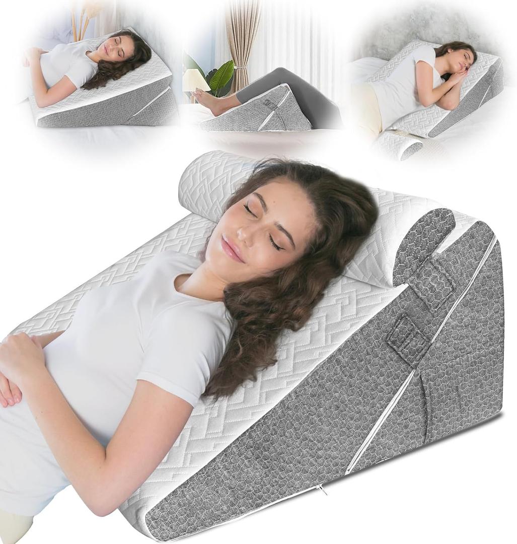 GUWELL Wedge Pillow for Headboard, Adjustable Bed Wedge Pillow Set with Orthopedic Memory Foam Neck Cushion (Adjustable 9&12 Inch + 1 Head Pillow, Grey)