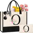AYGE Personalized Initial Canvas Beach Bag Cosmetic Bags, Tote Bag, Makeup Bag, Gifts for Sister Mom Teacher Bridesmaid Style O