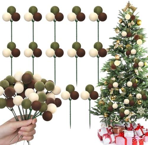 Syhood 12 Set 7.9 Inch Christmas Ball Picks and Sprays Shatterproof Xmas Brown Dark Green Beige Ball Ornaments on Wired Picks for Christmas Tree Vase Wreath Stairs Garland Decoration Supplies