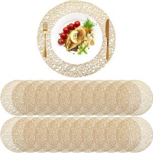 Sieral 48 Packs Gold Round Placemats 15 Inch Hollow Out Pressed Vinyl Place Mats Heat Resistant Woven Gold Placemats for Christmas Dinner Table Winter Holiday Party Wedding Centerpiece Decoration