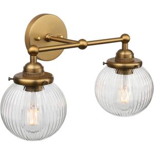 Yosoan 2-Light Indoor Boho Vanity Wall Sconce with Striped Round Glass, Brass Gold Modern Hardwired Vintage Industrial Wall Mount Farmhouse Retro Ribbed Shade for Bathroom Kitchen Bedroom(Antique), Large